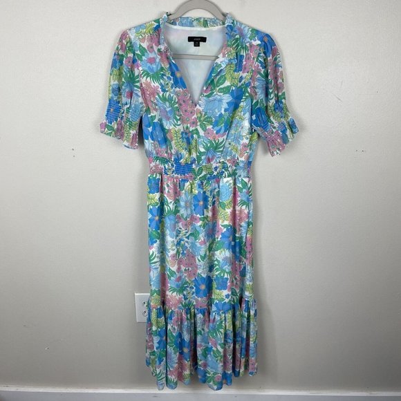 J. Crew Smocked Ruffle Dress In Fairy Floral Size XS Boho Tiered Puff Sleeve